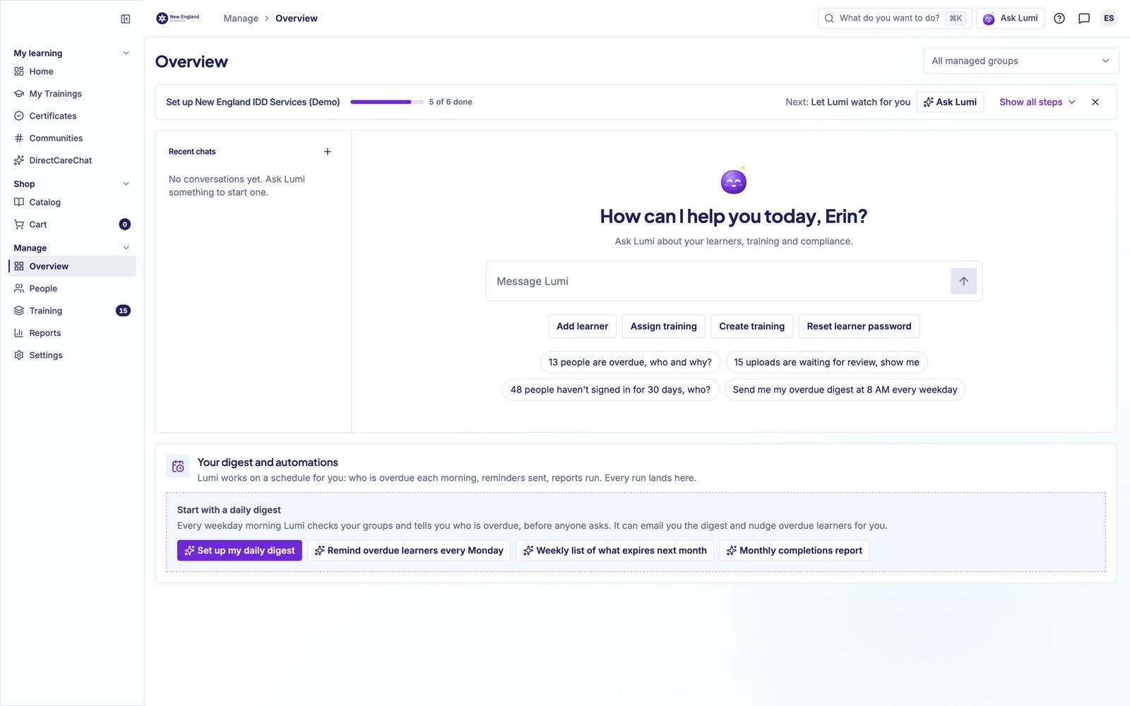 The manager overview in the Training & eTracking Solutions platform