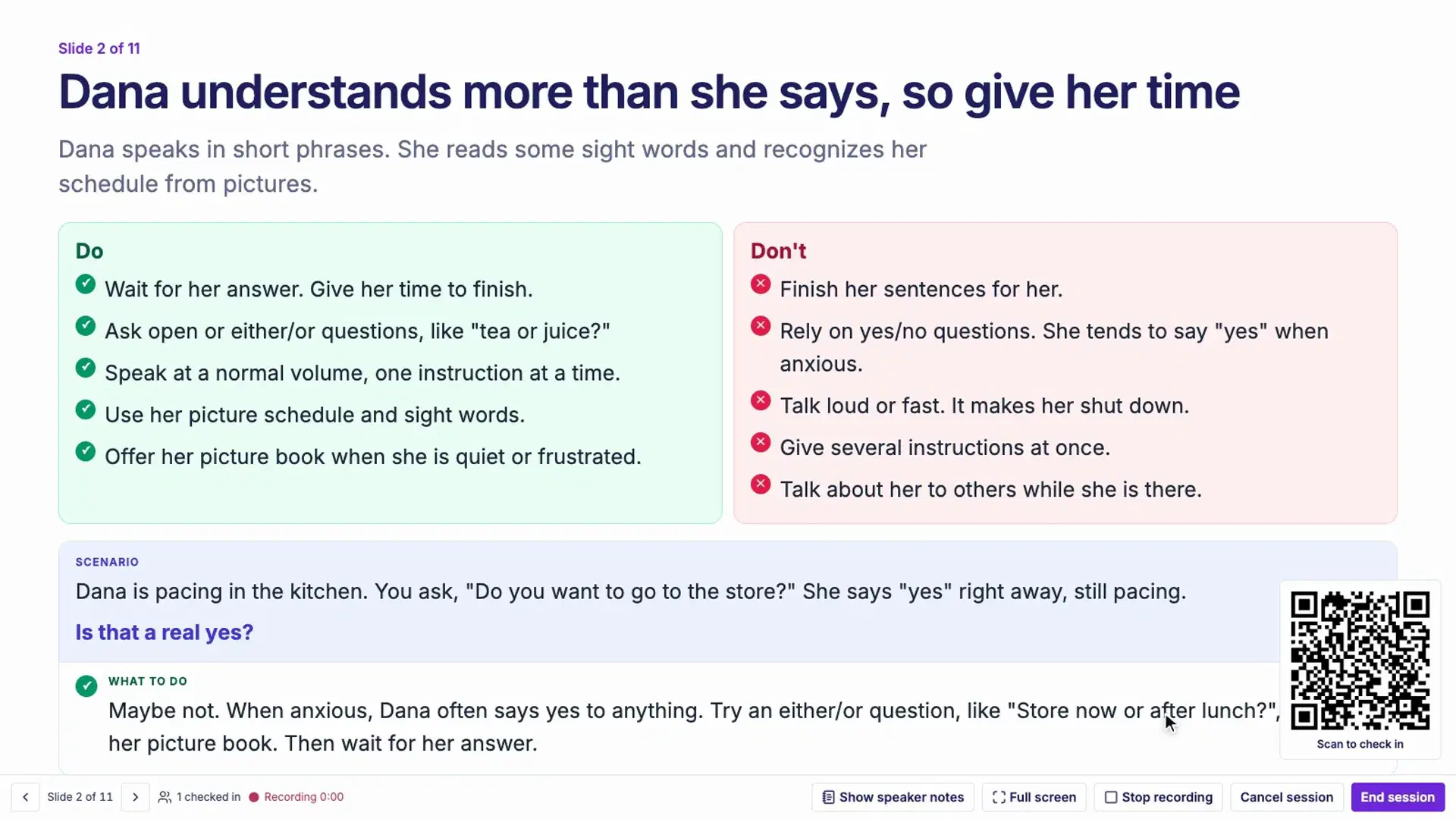 A presentation slide about a participant, with a QR code for staff check-in