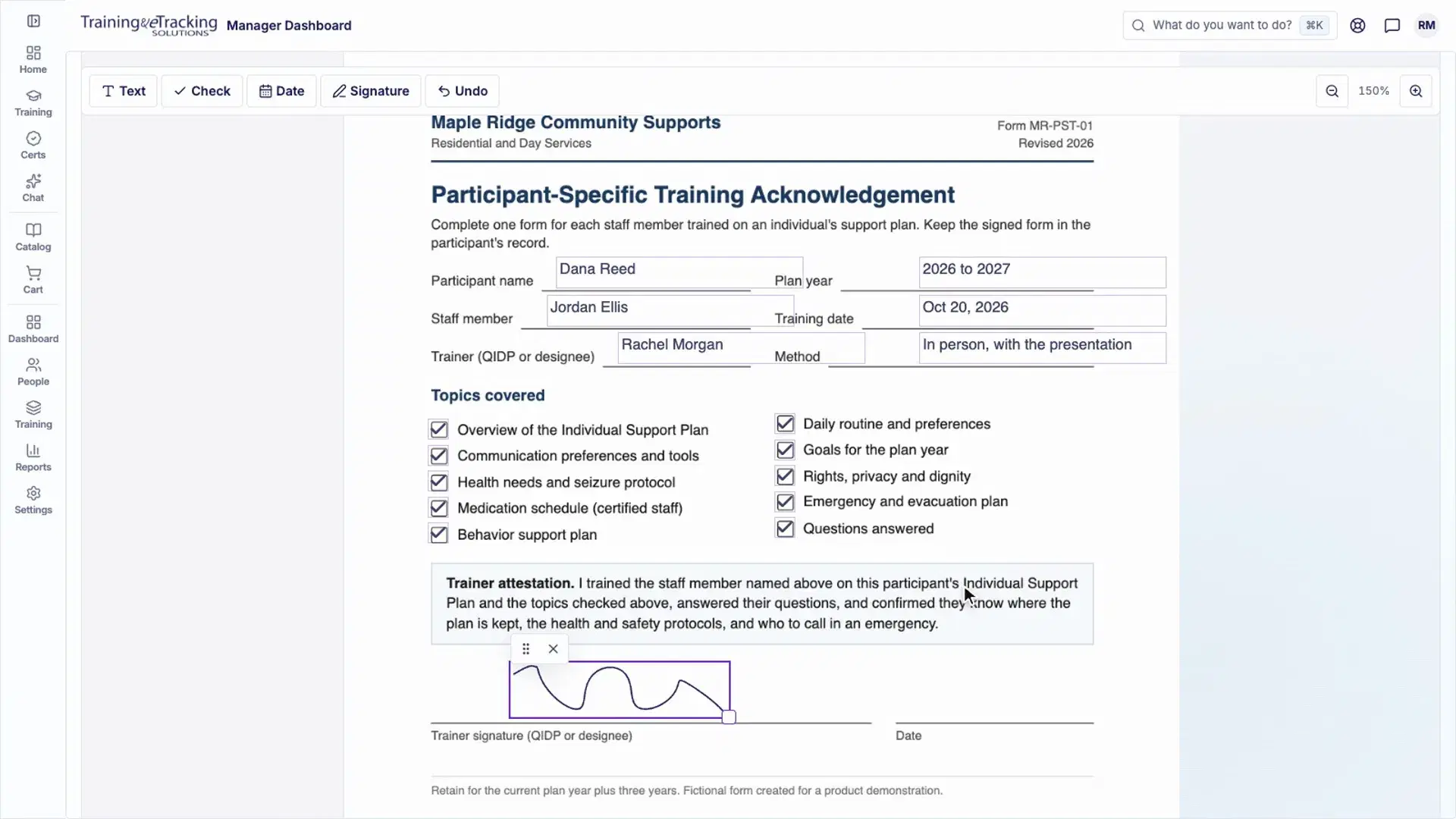 An organization's own training acknowledgement form, filled in and signed inside the app