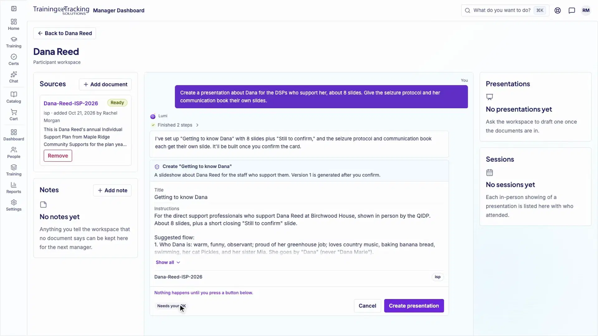 A participant's workspace with the ISP added and a proposed presentation waiting for confirmation