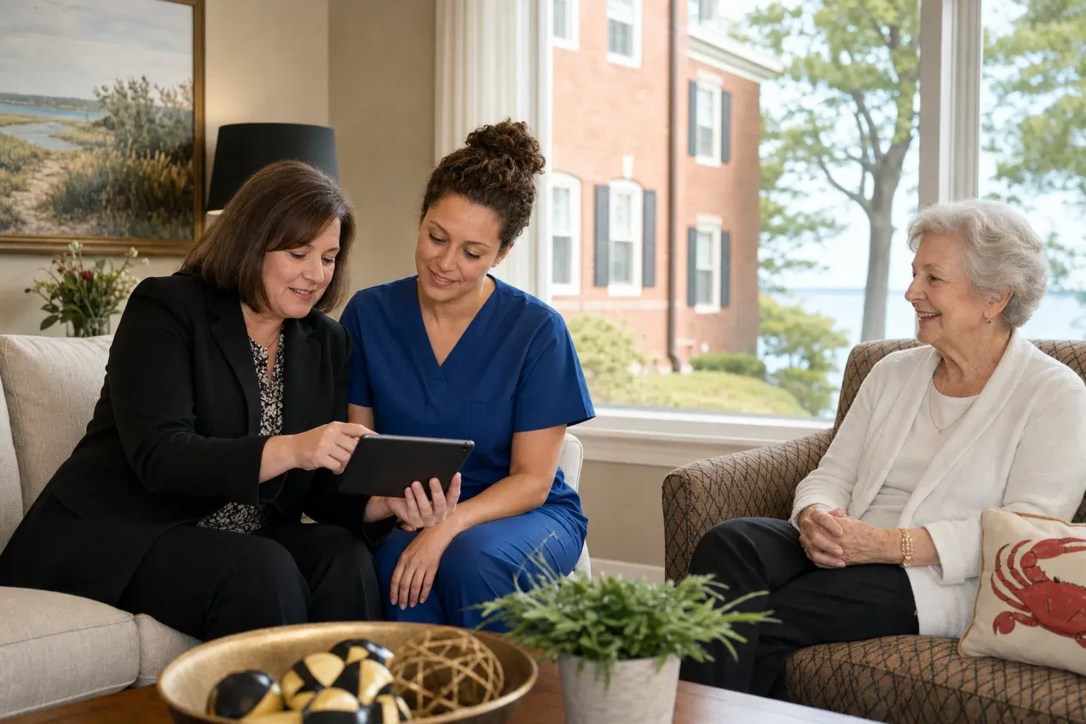 Maryland assisted living manager and caregiver reviewing a resident service plan
