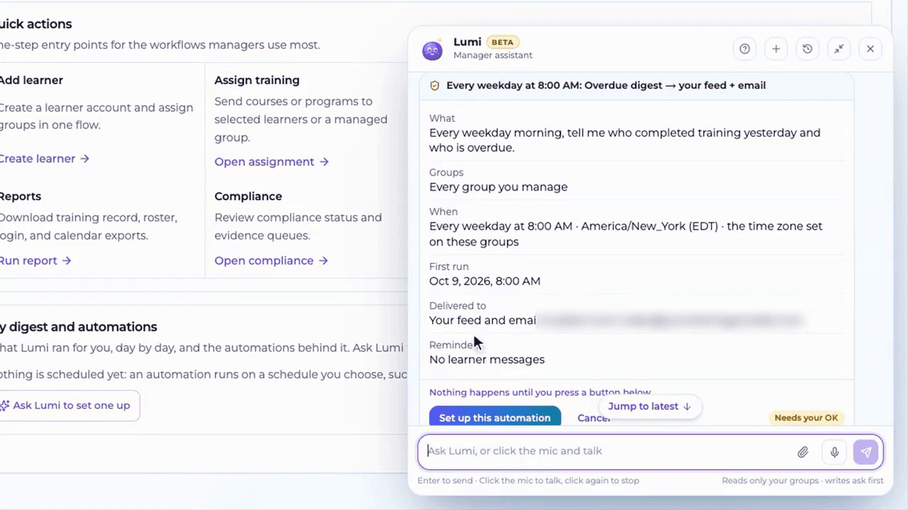 Lumi asks for confirmation before saving a weekday overdue digest that goes to the manager's feed and email.