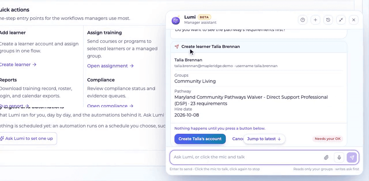 Lumi shows a confirmation card before creating a fictional learner, including the group, the pathway, and the hire date.
