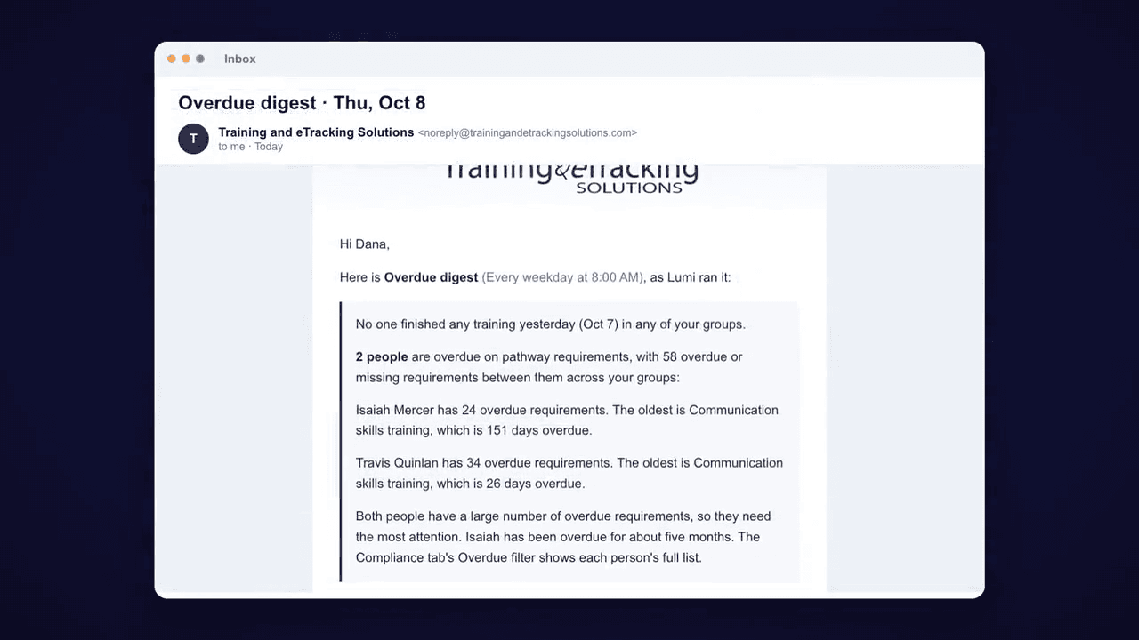 An email of the overdue digest Lumi ran, addressed to a fictional manager.