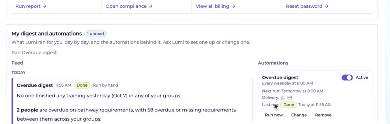 The manager feed shows an overdue digest Lumi ran, beside the weekday automation that sends it. The people named are fictional.