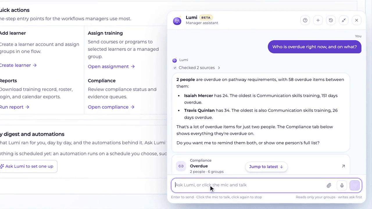 Lumi, labeled Beta and manager assistant, answers who is overdue on pathway requirements. The names are fictional demo data.